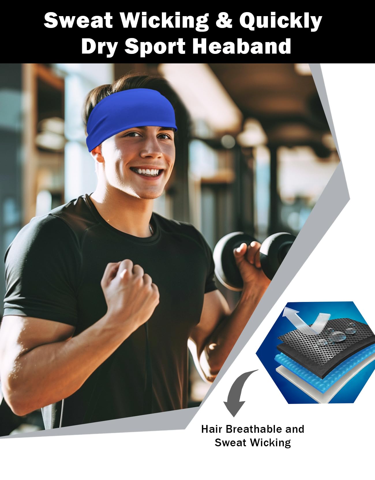 6 Pack Sport Headbands for Men & Women, Sweat Wicking Workout Sweatband, Royal Blue Hairband for Running, Cycling, Football, Yoga (Royal Blue 6 Pack)