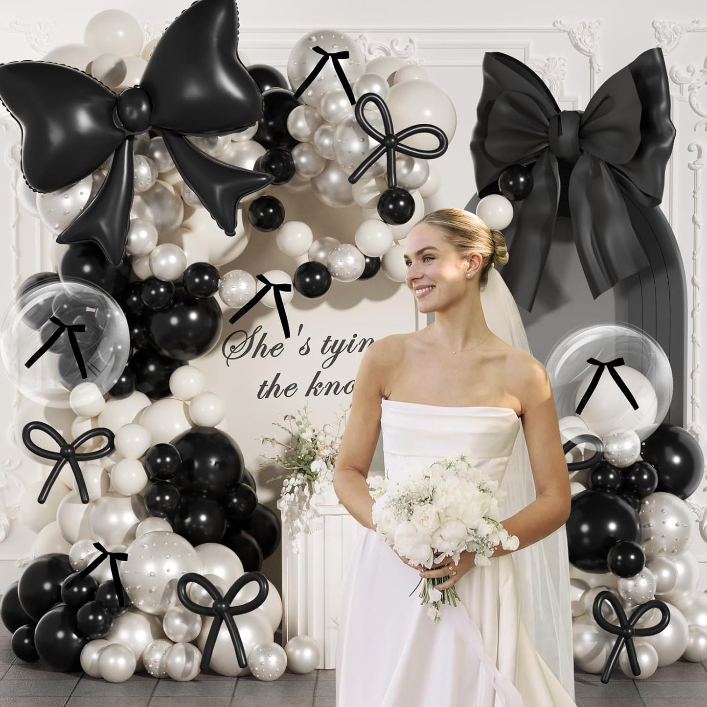 Skiennix Black Bow Birthday Decorations - 187Pcs Balloon Arch Kit with Pearl Balloons & Ribbons