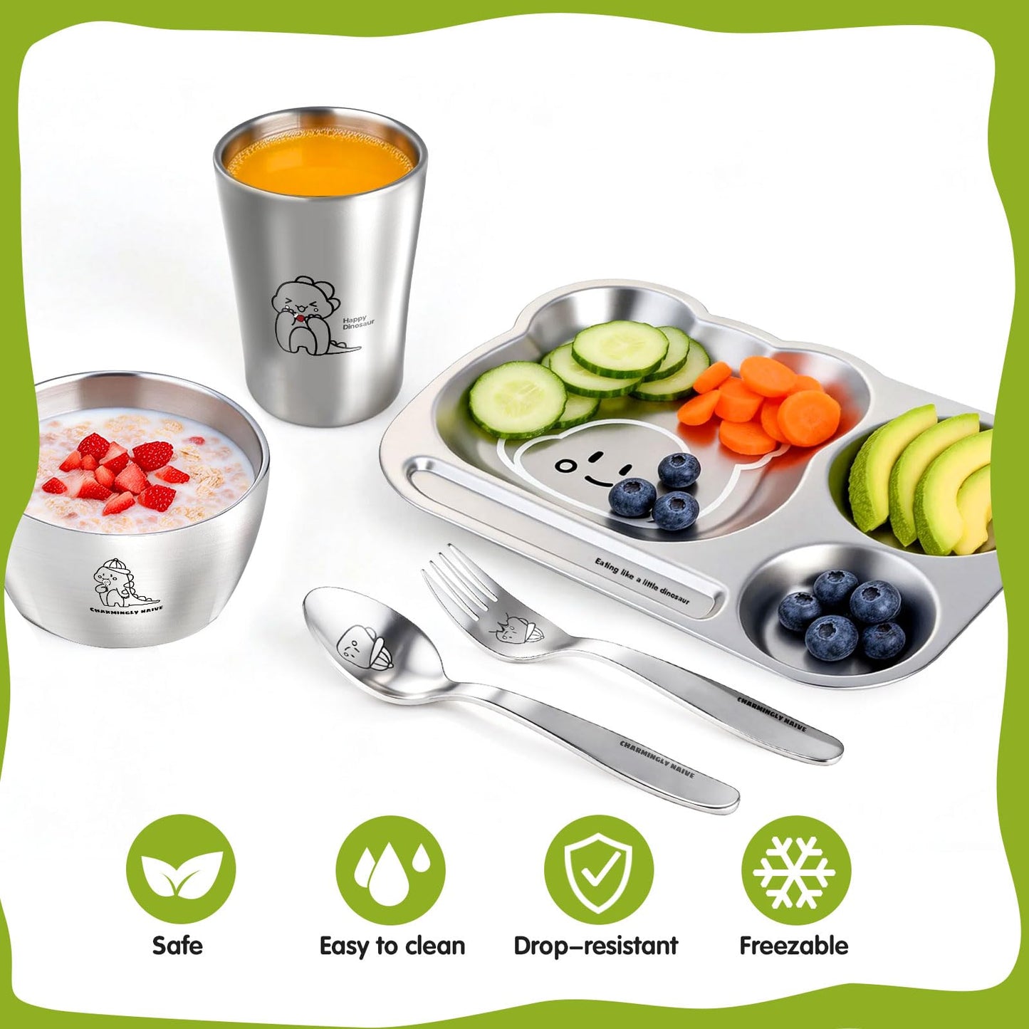 Greentainer Stainless Steel Kids Dinnerware Set, Unbreakable 304 Steel Toddler Plate with 3 Compartments, Baby Led Weaning Bowl, Cup, Fork & Spoon, Dishwasher Safe, BPA Free, Drop Proof for Boy & Girl