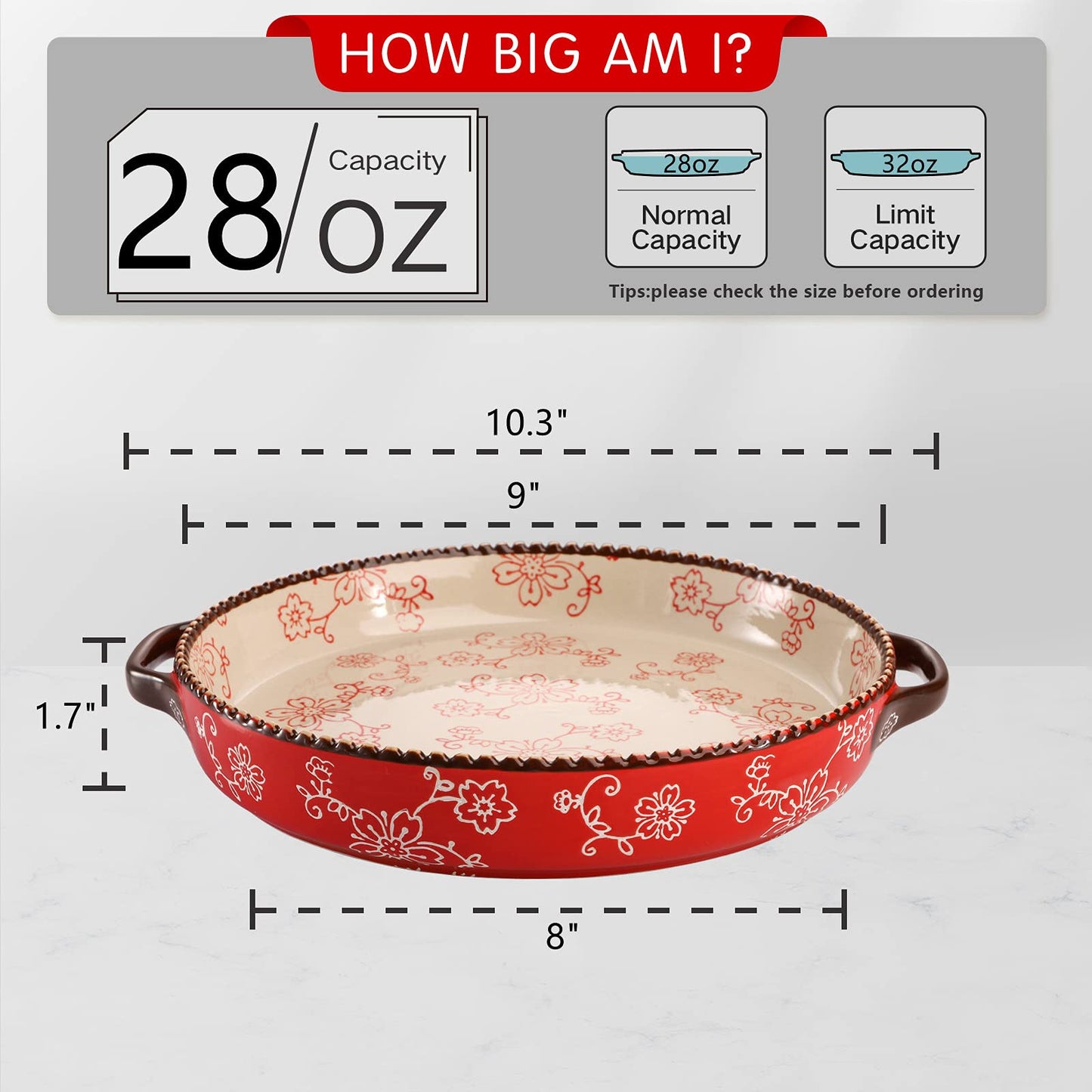 AVLA 2 Pack Ceramic Pie Pan, 9 Inch Round Baking Dish with Double Handle, 28 Ounce Deep Quiche Plate for Kitchen, Cooking, Roasting Lasagna (Sakura, Red)