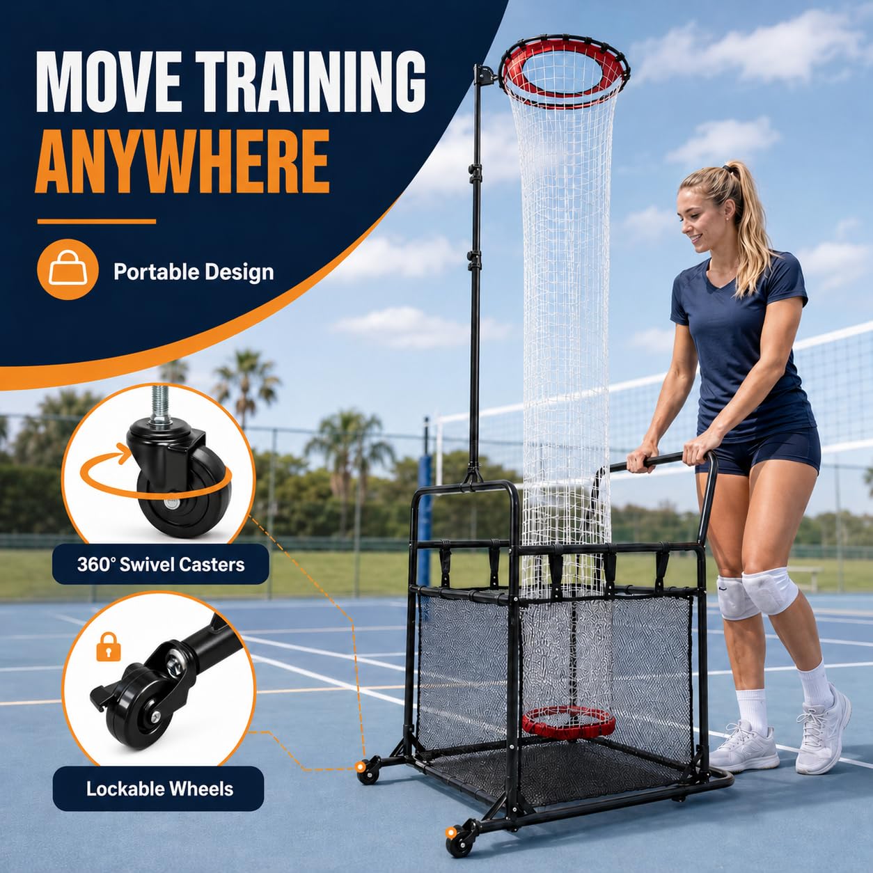 SCHENG-V Volleyball Setting Net, Setter Volleyball Training Net 6.9-10.8 FT Adjustable Height, 45°-180° Adjustable Angle, Stable Base for Indoor Outdoor Practice Equipment