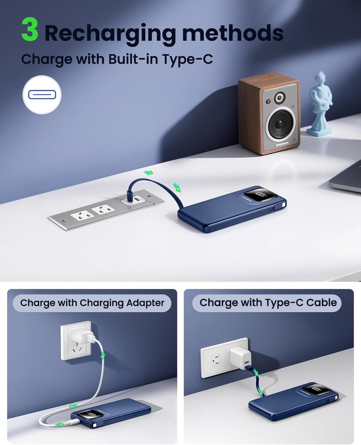 Crazywhale 22.5W 10000mAh Pack Portable Charger Power Bank with Built-in Type C Cables, Fast Charging Phone Charger