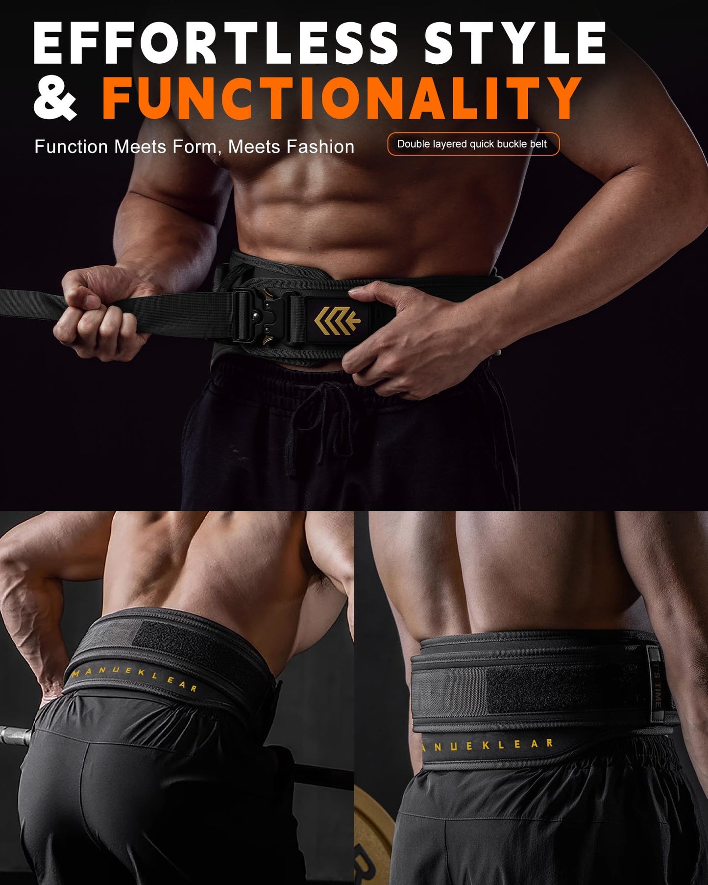 MANUEKLEAR Weight Lifting Belts for Men and Women, Gym Weight Belt with Carabiner Quick Locking, Double-Layer Weightlifting Belt for Workout Squat Powerlifting Deadlift