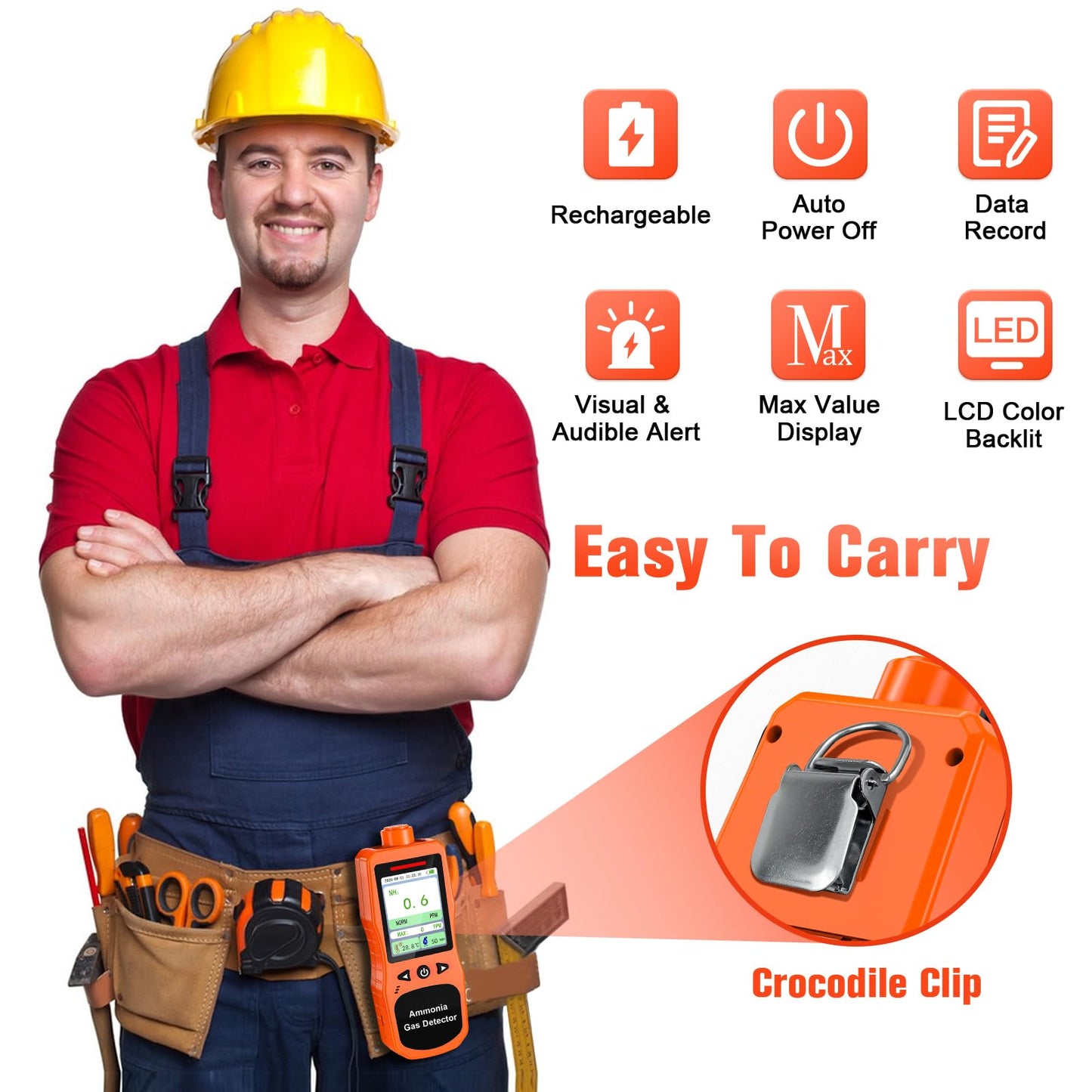 ZYKYCX Portable Ammonia Gas Detector, 0-200 PPM Rechargeable Ammonia Gas Monitor, Digital Air Quality NH3 Gas Meter with Temperature Humidity Tester for Farm, Poultry, Pig & Livestock, Orange