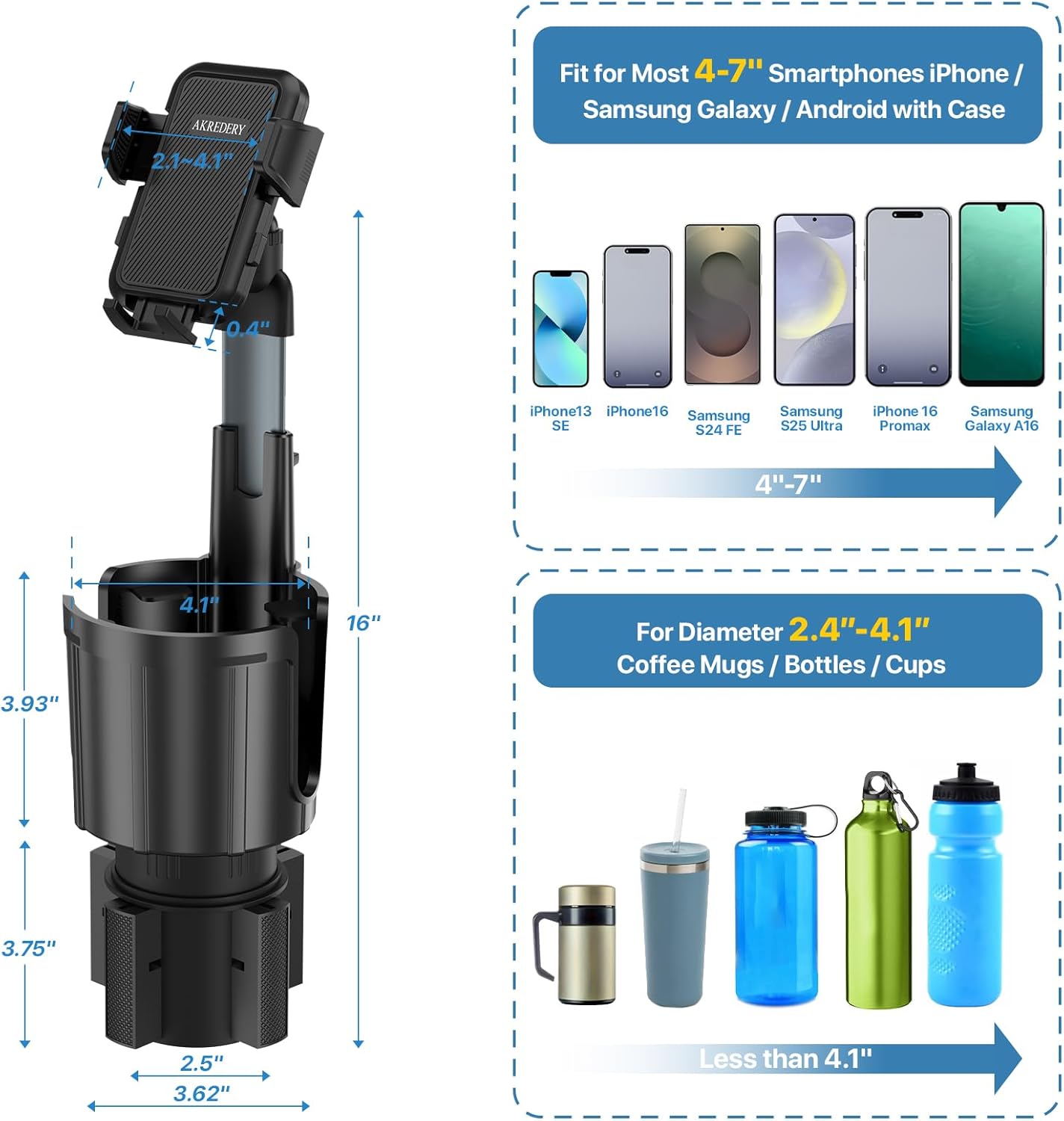 AKREDERY 2-in-1 Car Phone Mount with Cup Holder Expander - Upgraded Anti-Shake Cup Phone Holder for SUVS Trucks