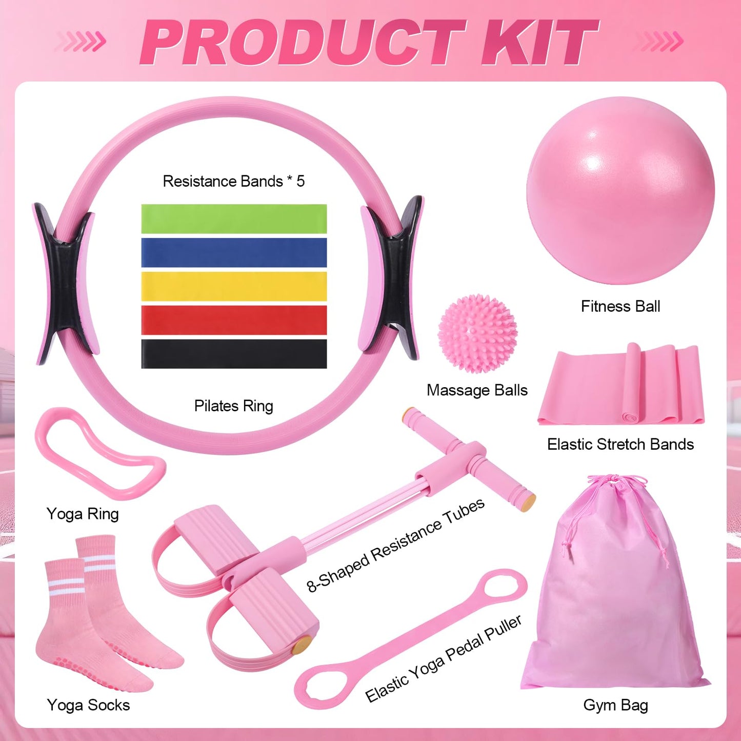 Pilates Kit 14 Pcs, Pilates Essentials Kit for Women, Pilates Equipment for Home with Yoga Circle Ball Ring, 5 Resistance Bands,Pedal Puller Resistance Band,Anti-Slip Socks for Starter Set Accessories