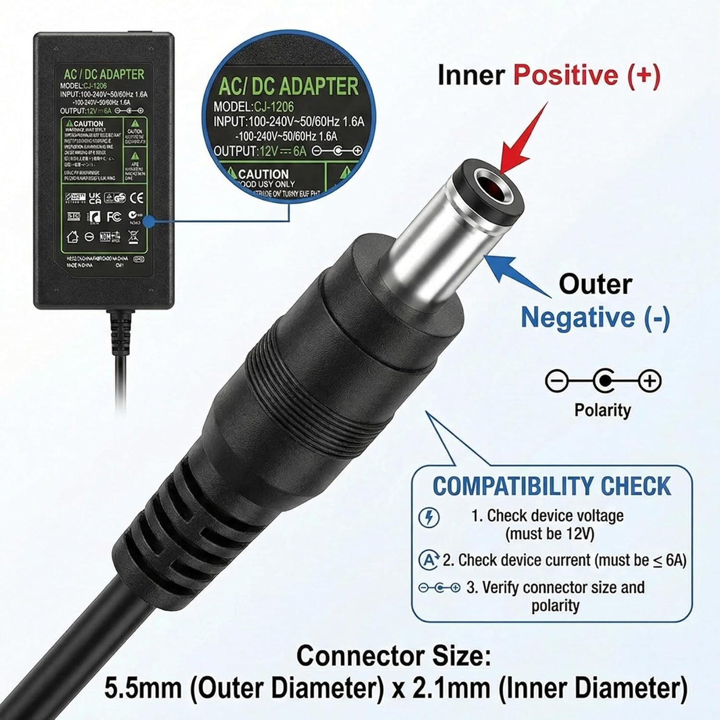 FDALUMIS 12V 6A 72W 100-240V 50-60Hz 12 6 5.5mm 2.5mm 12V 72W Power Supply Adapter, AC/DC Transformer to Volt Amp