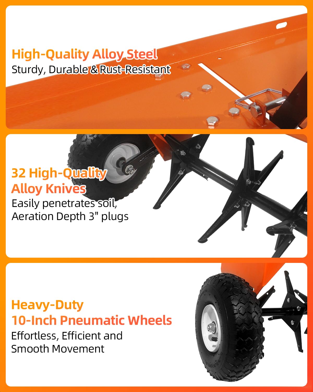 48" Tow Behind Aerator, Pull Behind Lawn Aerator Tool with Universal Hich, 32 Rust-Proof Knives & Heavy-Duty Tires, Plug Aerator for Yard & Garden Compacted Soil, Fits Lawn Tractors, ATV, UTV, Orange