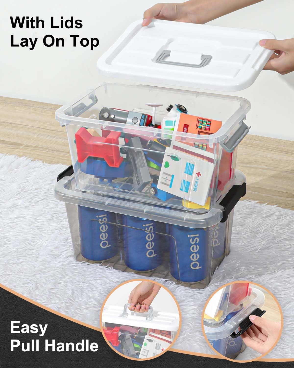 NUMIFUN Plastic Storage Bins - 7 Quart Stackable Organizer with Lids & Buckle-Up Latches | 6 Pack for Home & Office