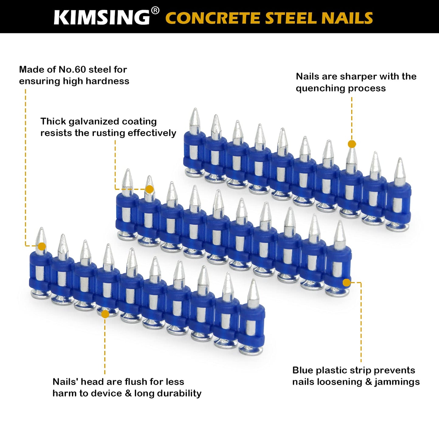 10 Boxes - KIMSING MTSD-19 12 Gauge 3/4 Inch X .109 Inch Smooth Shank Plastic Collated Concrete and Steel Drive Pin Mechanical Galvanized for Gas Power Concrete and Steel Nailer 1,000 PCS/Box