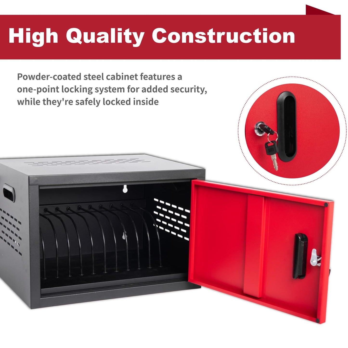 VOOTOLOVER 12 Bay Charging Cabinet for Laptop/Chromebook, Black Locking Charging Station with 12-Outlet Strip, Cable Clips, Grommet Holes & Wall-Mount 18.98" W×12.99" D×14.96" H for Office/Classroom