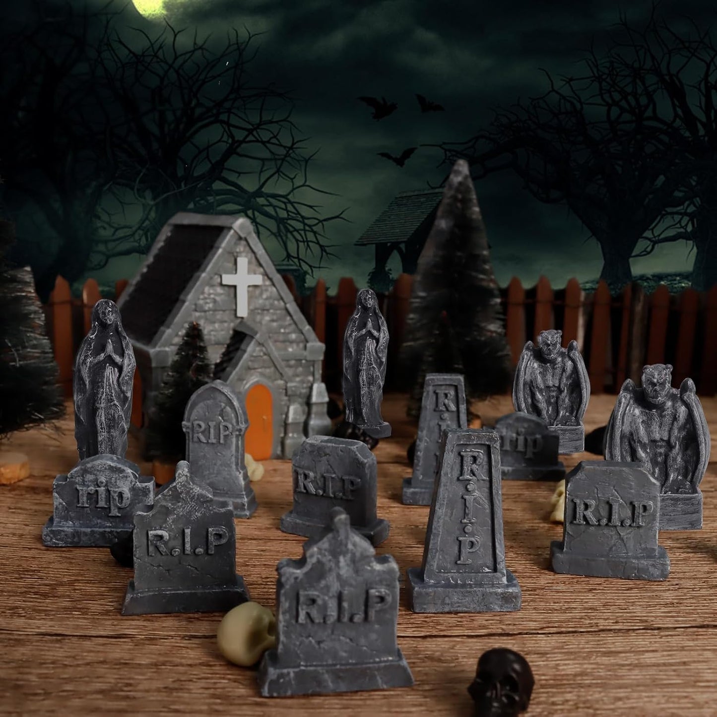 Rileryan Miniature Church Tombstones - 15 PCS Gargoyle & Virgin Figurines for Halloween Decor