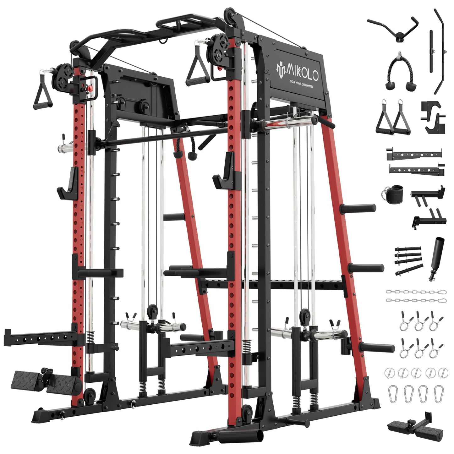 Mikolo Smith Machine, 2200lbs Squat Rack with LAT-Pull Down System & Cable Crossover Machine, Power Rack and Packages