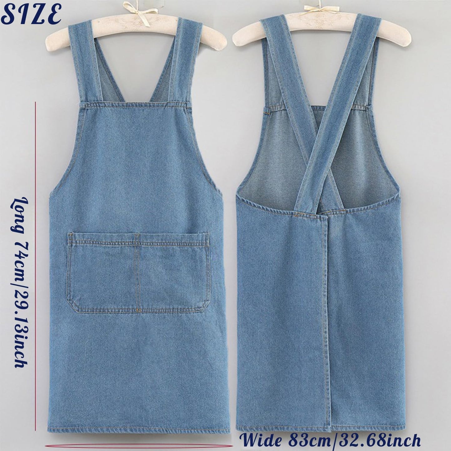 HIPINGSTORE Adult Jour Denim Apron with Front Pockets, Cross Back Aprons Lightweight, Durable & Stain-Resistant for Kitchen Cooking, Gardening, Gift for Women