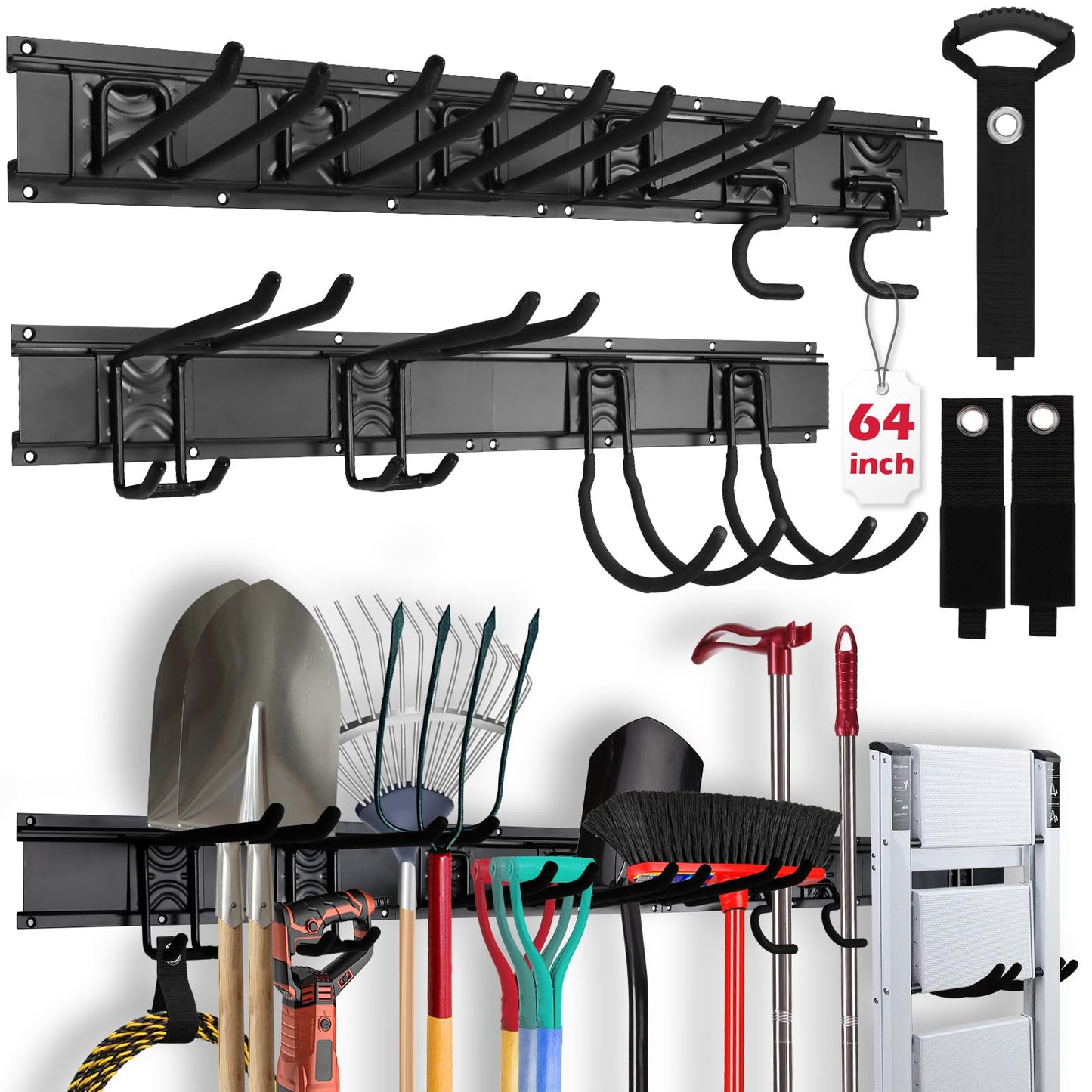 SEDY 64" Heavy Duty Garage Storage Tool Organizer Wall Mount - Tool Rack with Adjustable Hooks, Anti-Rust, 300lbs Capacity - Easy Installation (4 Racks, 10 Hooks, 3 Straps)