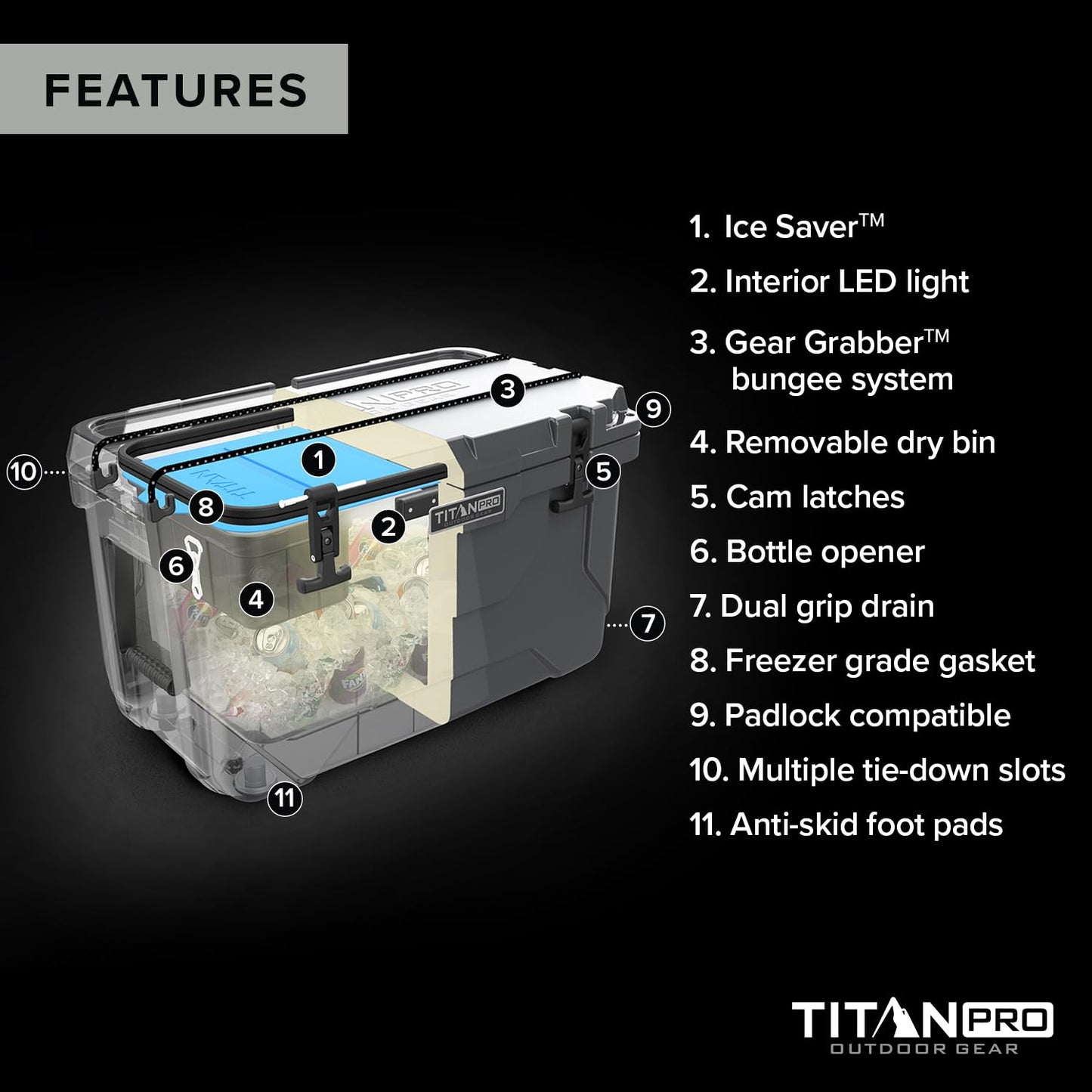 Titan PRO High Performance Ice Chest - 55 Quart Capacity - Hard Cooler with Interior LED Light, Dry Bin, Ice Saver Performance Booster and Microban Protection - Driftwood Tan