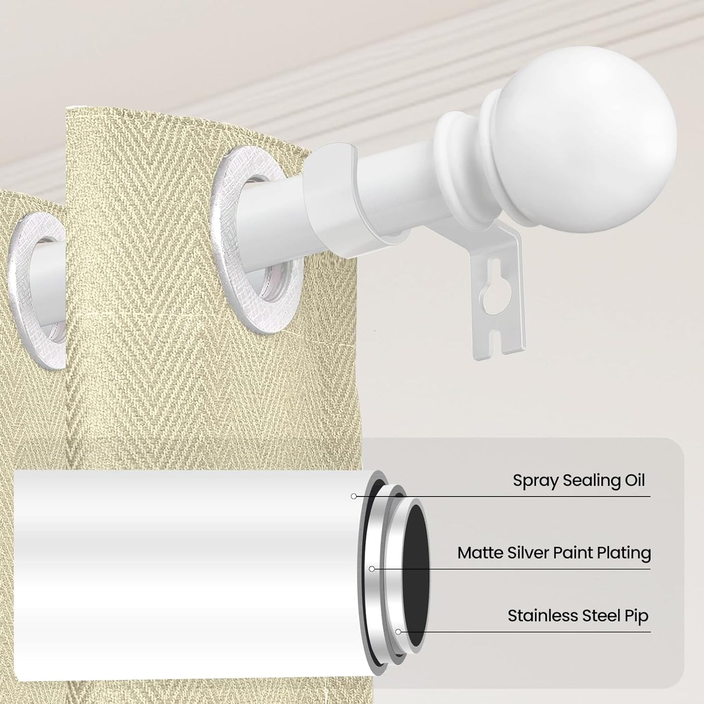 Skiennix Heavy Duty Metal Curtain Rod - Adjustable 28 to 48 Inch, 5/8" Diameter, Includes Bracket