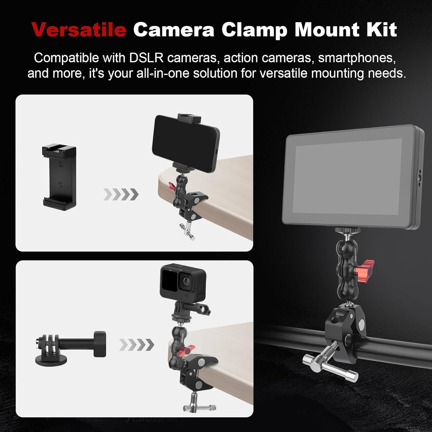 Mechrig (SY001) Camera Clamp Mount with Dual Ballhead Magic Arm, Aluminum Camera Mount Super Clamp Kit for DSLR Action