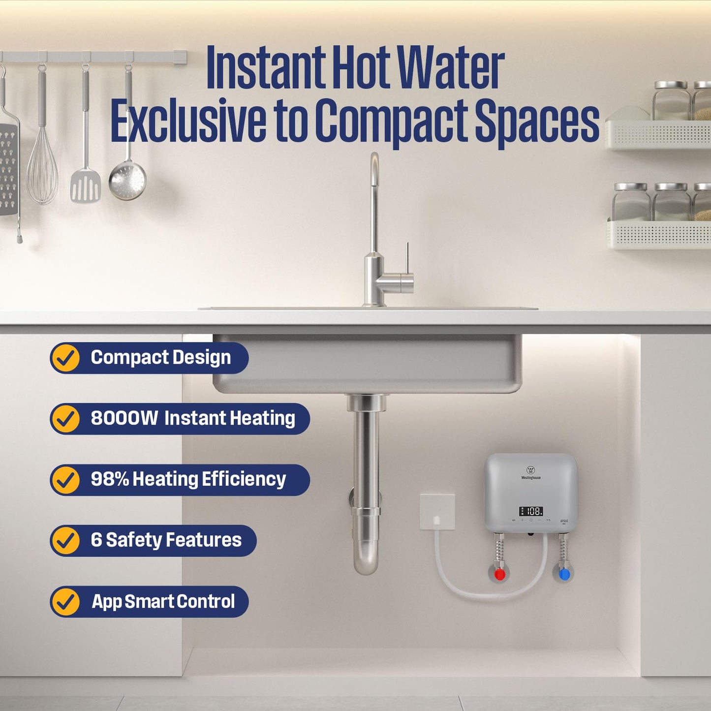Westinghouse Apolo Mini 8kW Tankless Water Heater Electric, 240V Instant Hot Water Heater, Under Sink Water Heater Electric, Smart WiFi Control, Compatible with Alexa & Google Home, Gray