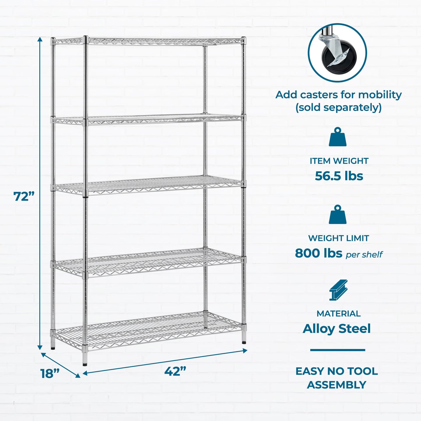 Honey-Can-Do 5-Tier Heavy-Duty Adjustable Shelves, Metal Storage Rack with 800-lb Shelf Capacity, Chrome, 18" W x 42" L x 72" H