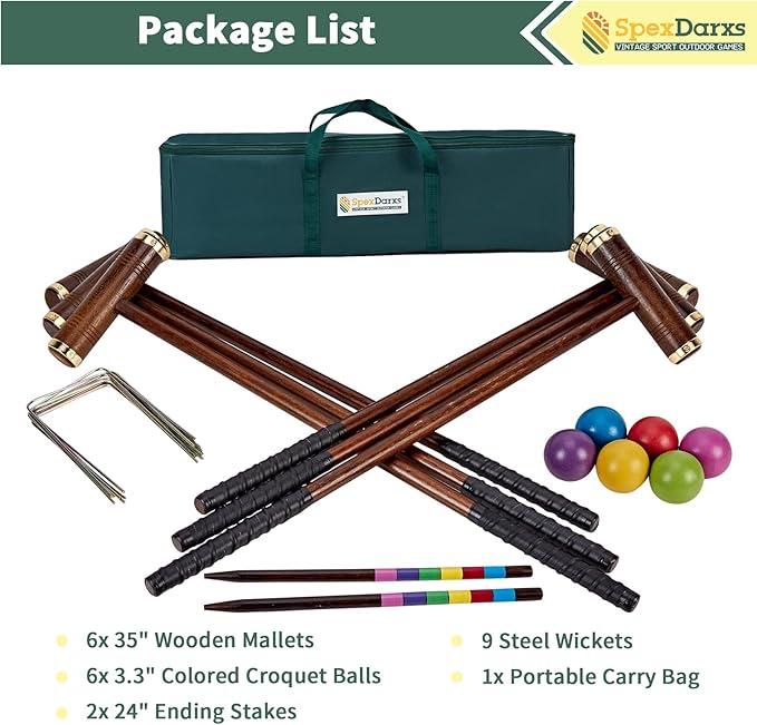 Six Player Croquet Game, 35’’ Croquette Set with Premium Wooden Mallets/Colored Balls/Wickets/Stakes/Carrying Bag, Classic Outdoor Backyard Lawn Games for Teens Adults Family