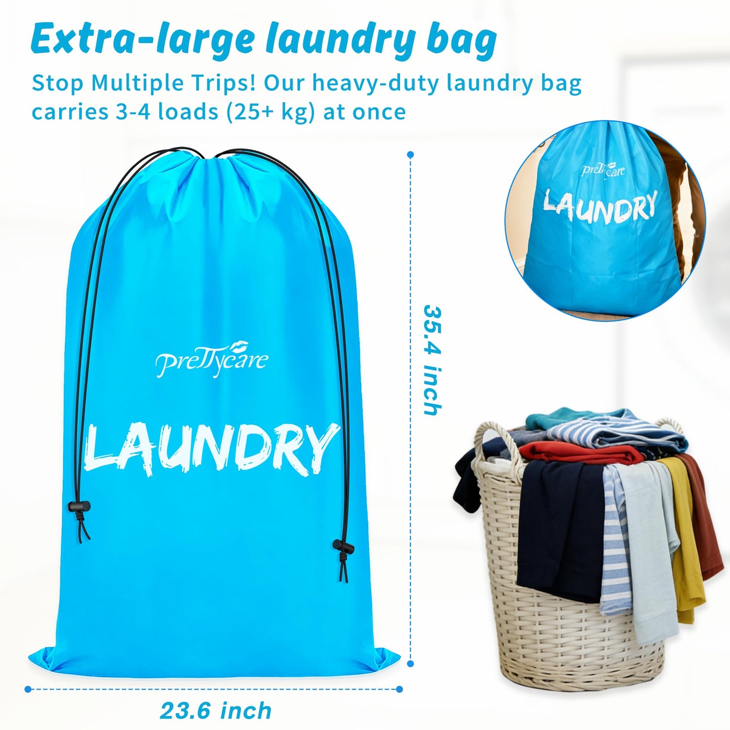 PrettyCare 2 XL (35.5 x 23.6 in) Travel Laundry Bags for Delicates, Washable Dirty Clothes Organizer - Easy to Hold 4 Loads of Laundry, Large Enougha for Laundry Hamper or Basket Travel Essentials