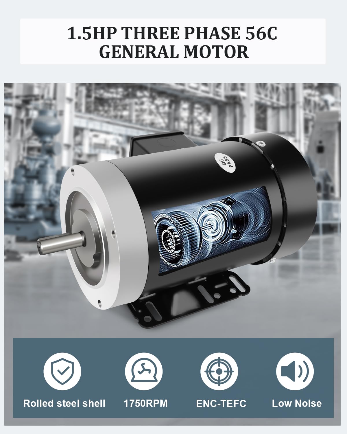 Electric Motor 1.5HP, Air Copmpressor Motor, 1750 RPM General Purpose Motor, Three Phase Motor 5/8" Shaft Diameter 56C TEFC 230/460V