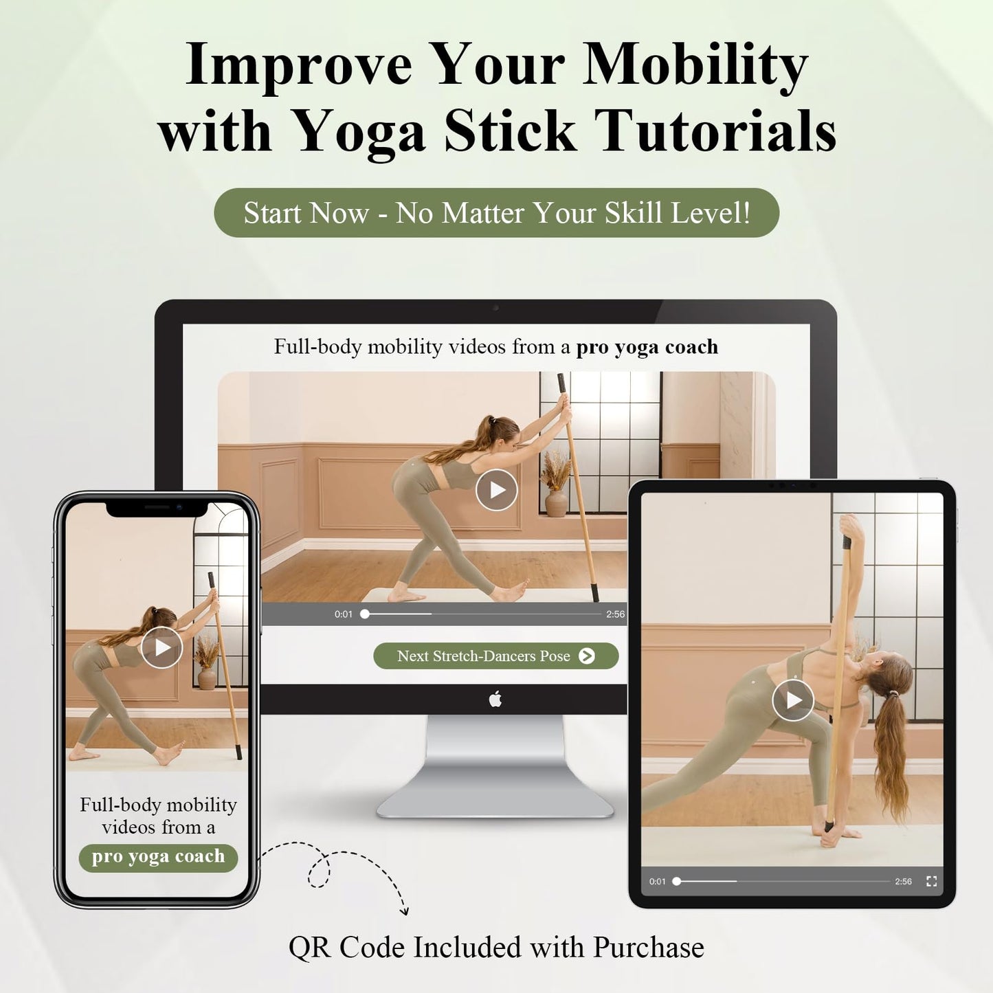 PAETA Yoga Stick for Stretching, 5ft Exercise Stick for Mobility & Flexibility, Bamboo Stretch Bar and Posture Pole with Non-Slip Grip - Includes Free Video Guide