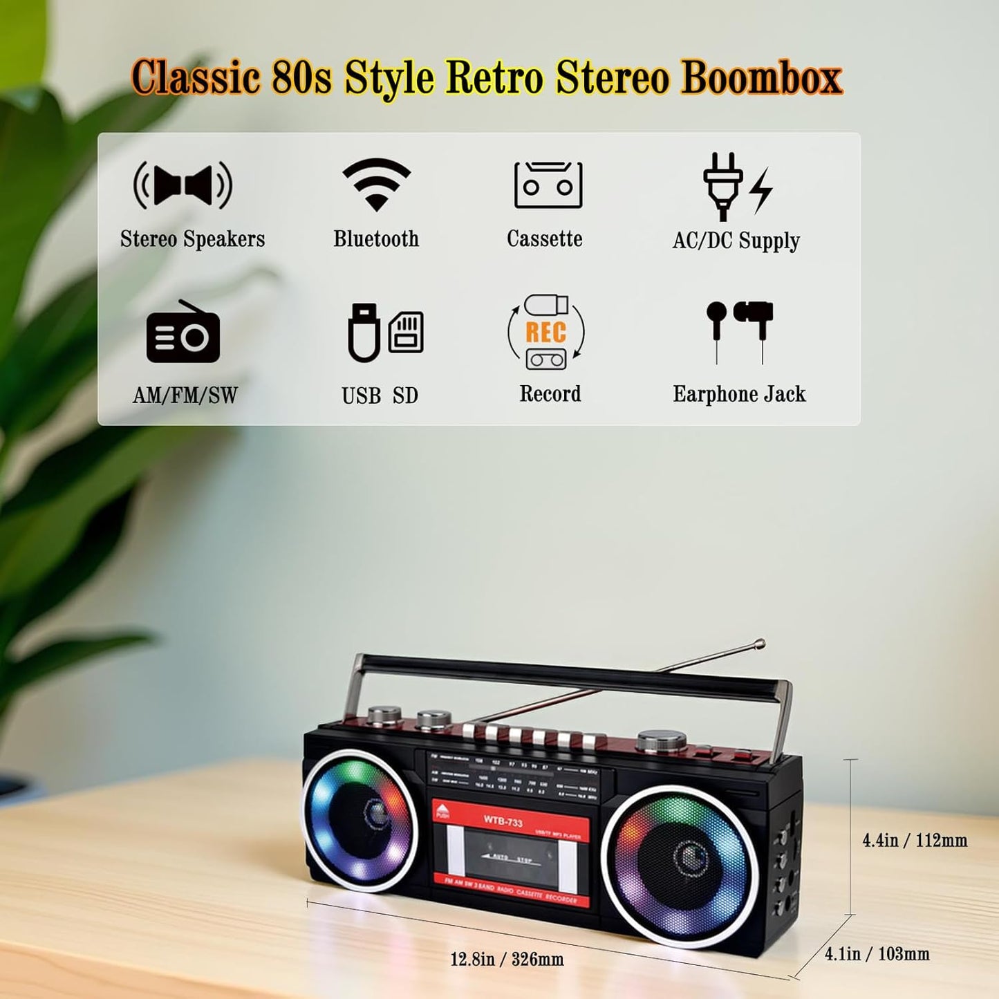 WISCENT 80's Cassette Retro Player Recorder with AM/FM/SW Radio, Bluetooth Boombox, USB, Built-in MIC for Voice