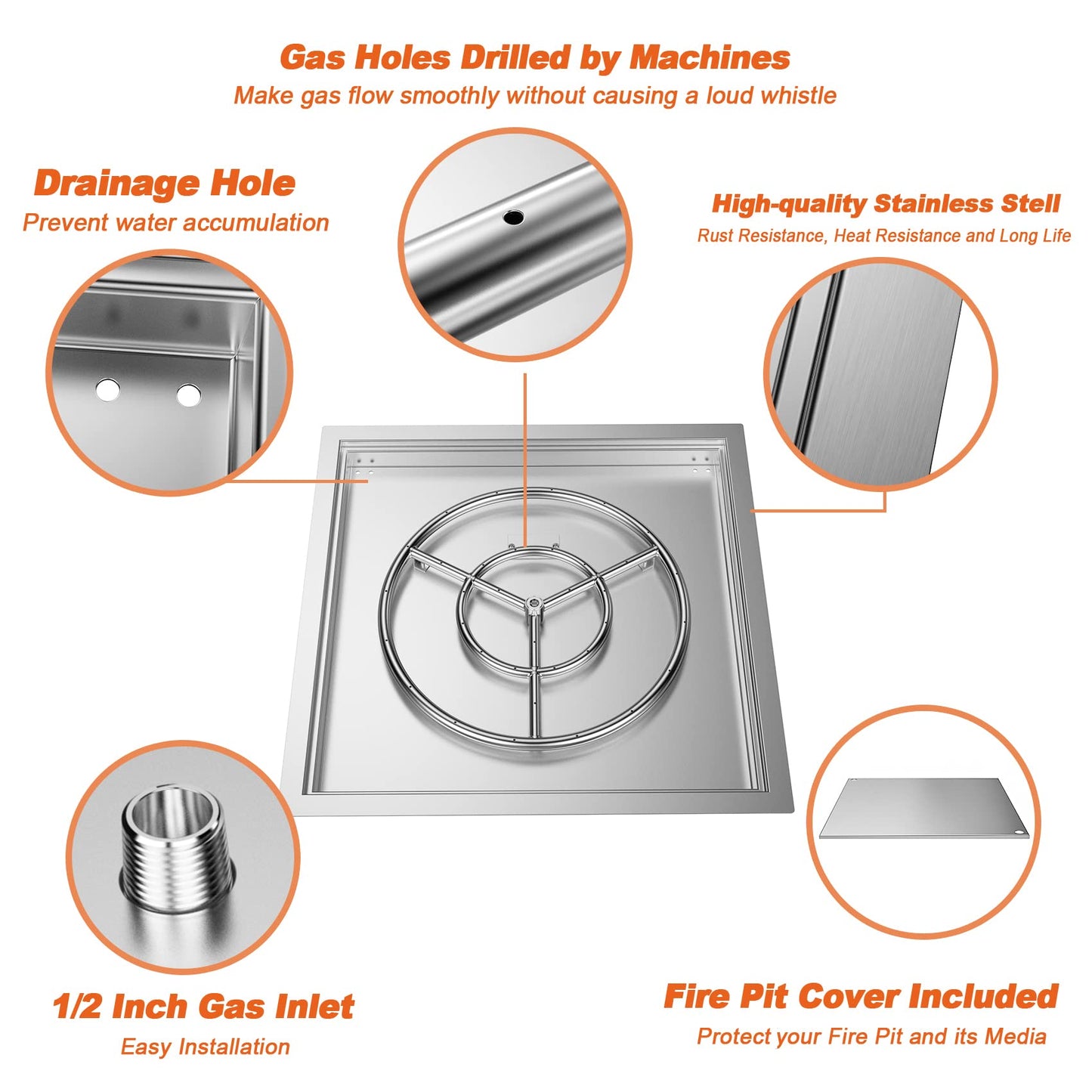 Skyflame 24" x 24" Square Stainless Steel Drop-in Fire Pit Kit with Fire Pit Burner Pan, Fire Burner Ring and Protective Lid, Suitable for Indoor or Outdoor DIY Firepit