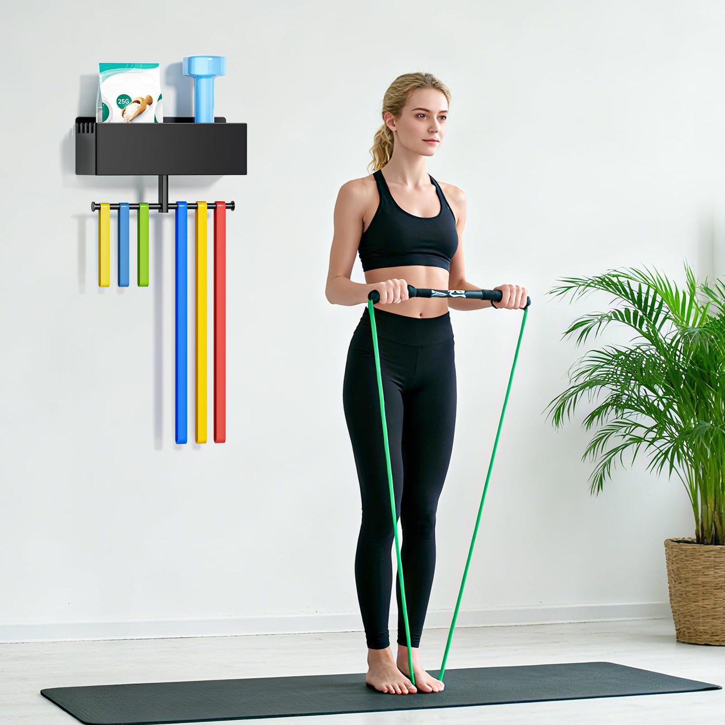Home Gym Wall Storage, White Resistance Bands Rack Hanger Metal, Wall Mounted Fitness Bands Holder, Multi-Purpose Heavy Duty Workout Gym Storage Rack for Resistance Bands, Straps, Jump Ropes (Black)