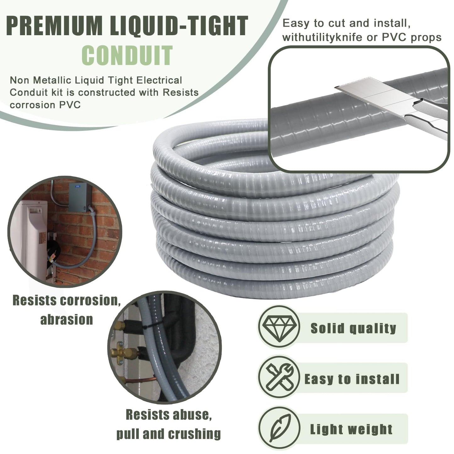 Feotech 1 Inch 150 FT Non Metallic Liquid-Tight Conduit and Connector Kit - Includes 5 Straight and 4 Angle Fittings for Electrical Wiring