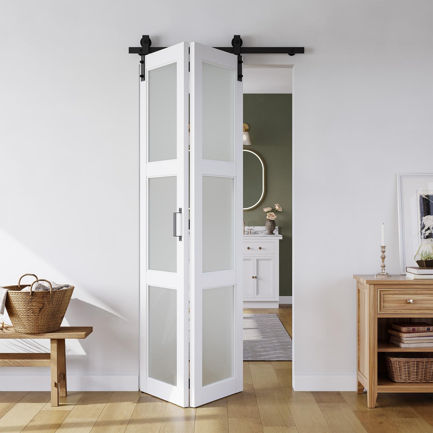 SMARTSTANDARD 30in x 84in Bifold Barn Door, Frosted Glass Barn Door with Hardware Kit Included, Pre-Drilled Holes Easy Assembly -Solid Barn Doors Slab Covered with Water-Proof PVC Surface, White