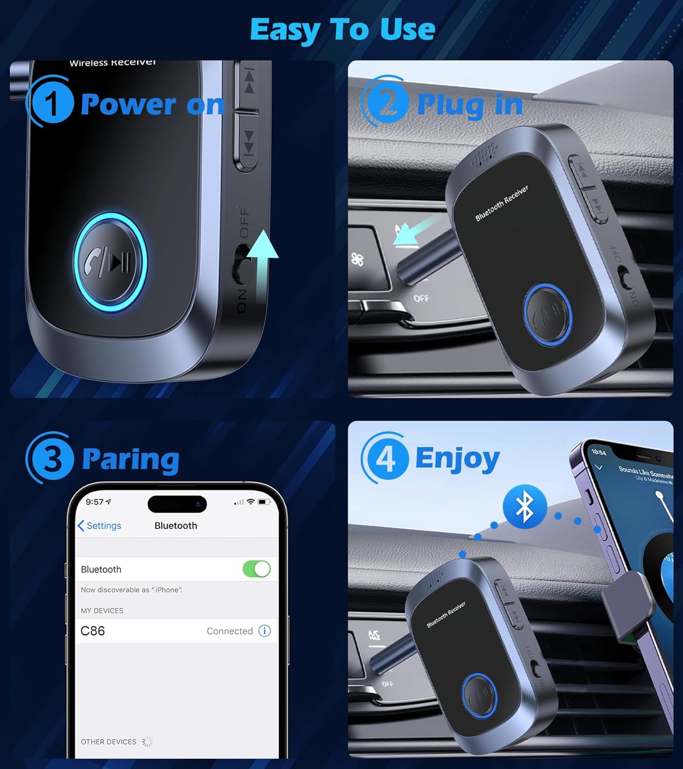KAIY 11H Bluetooth AUX Adapter for Car, Auxiliary Bluetooth Adapter for Car Music & Handsfree Call, Battery Life