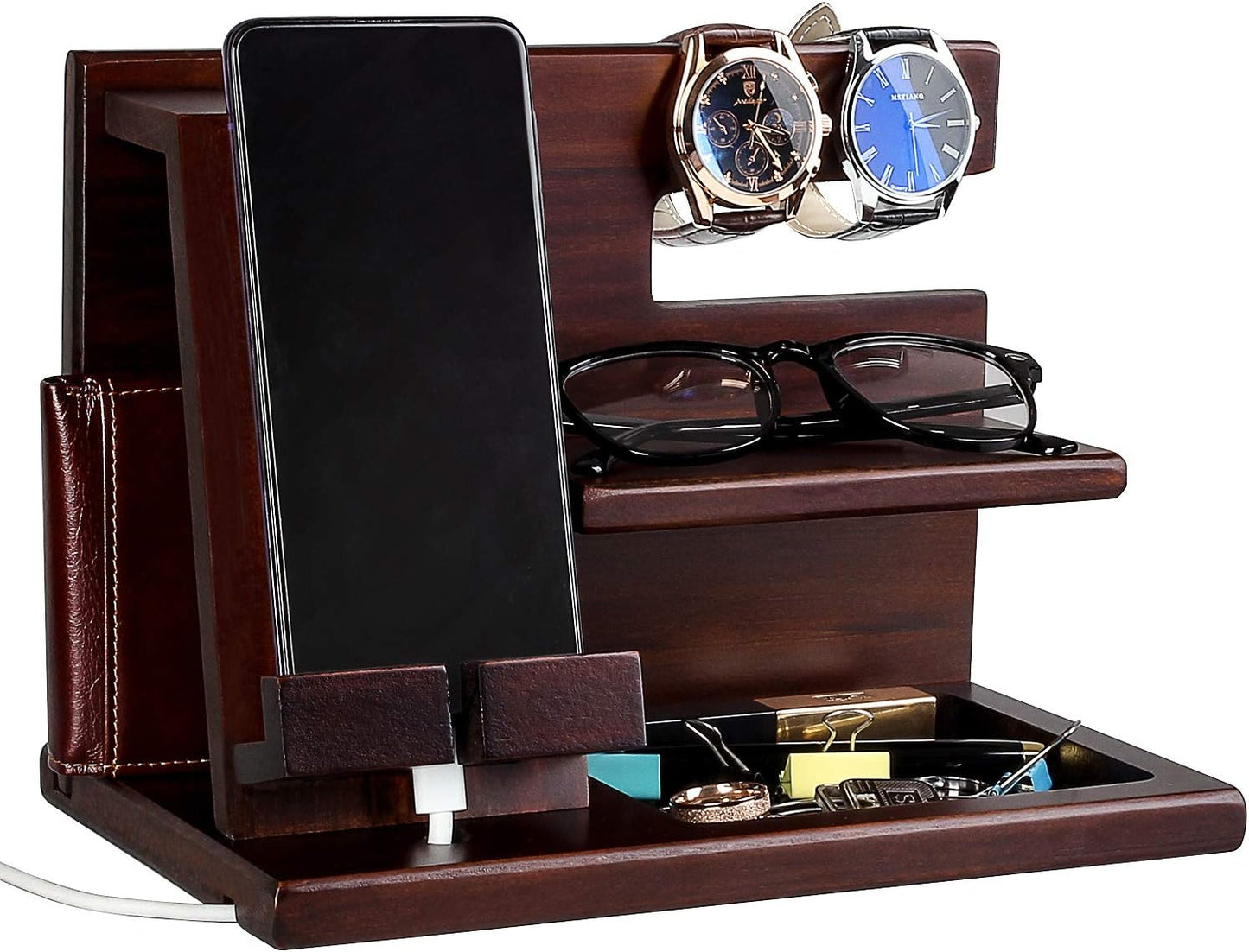 awofer Wood Phone Docking Station for Men - Wooden Nightstand Organizer - Personalized Idea for Him, Husband
