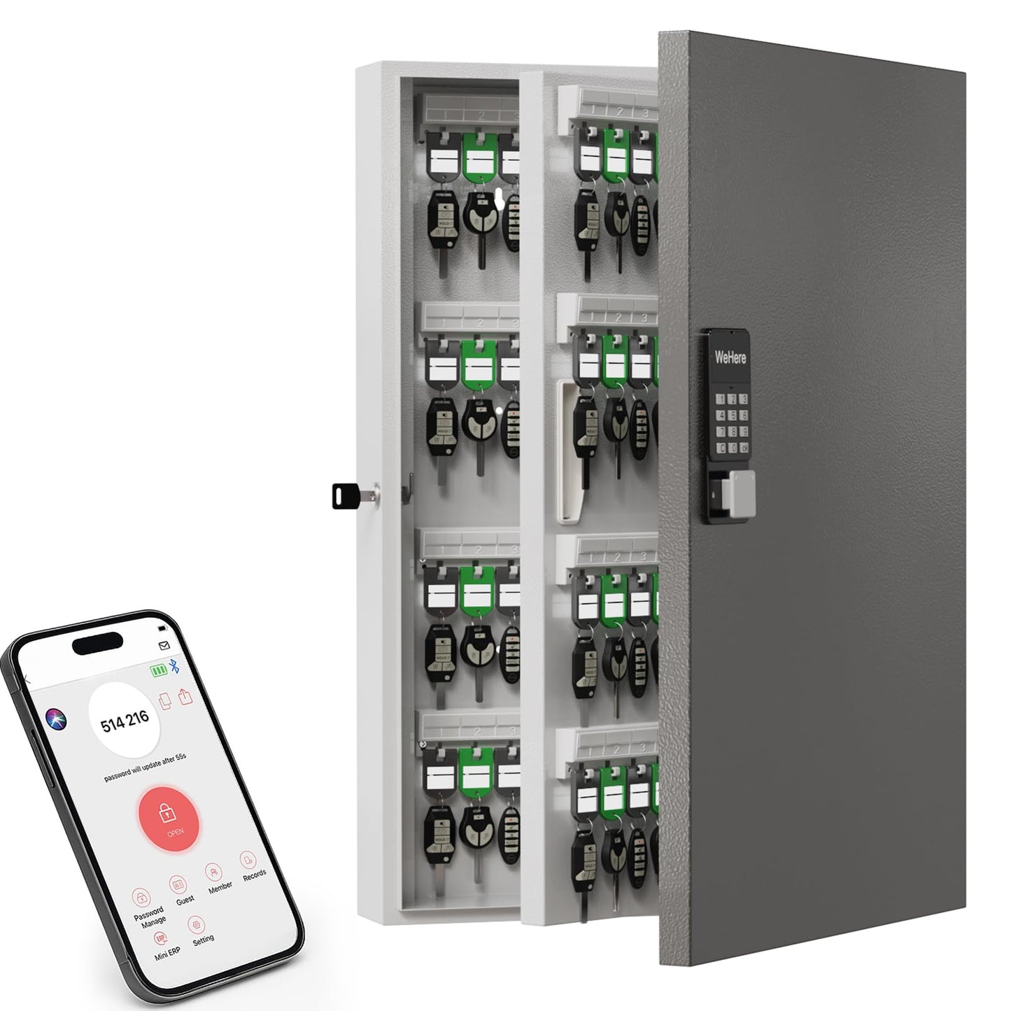 DiDiHer192-Key Smart Key Lock Box with Key Management App(Track Key Borrow/Return), Keypad, Bluetooth & WiFi Unlock (Sold Separately), Wall-Mount Commercial Key Cabinet for School, Rental, Office