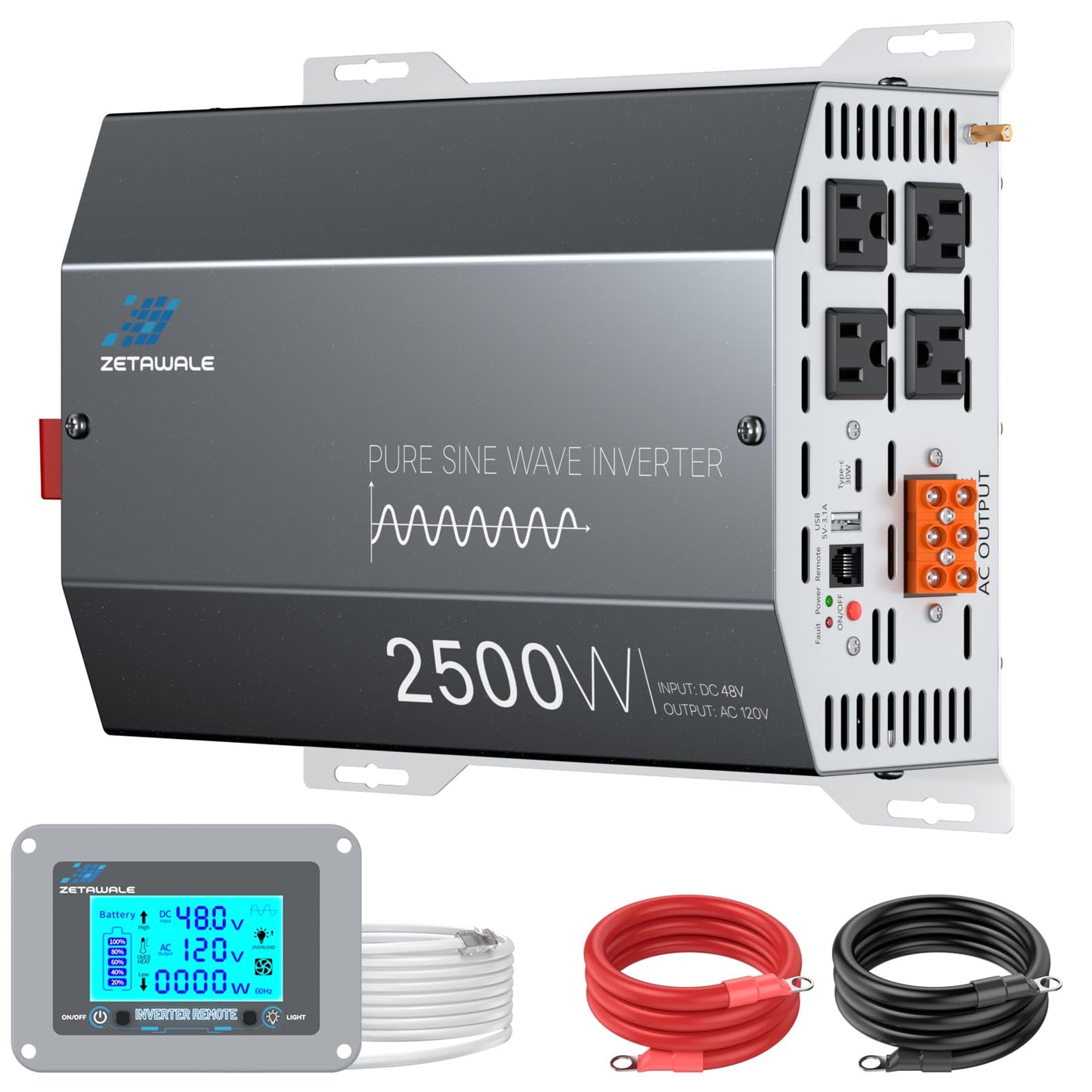 2500W Pure Sine Wave Inverter 48V DC to 110V/120V AC Converter, 5000W Peak, High-Efficiency Off-Grid Solar Power Inverter, 4 AC Outlets, USB & Type-C, LCD Remote Control