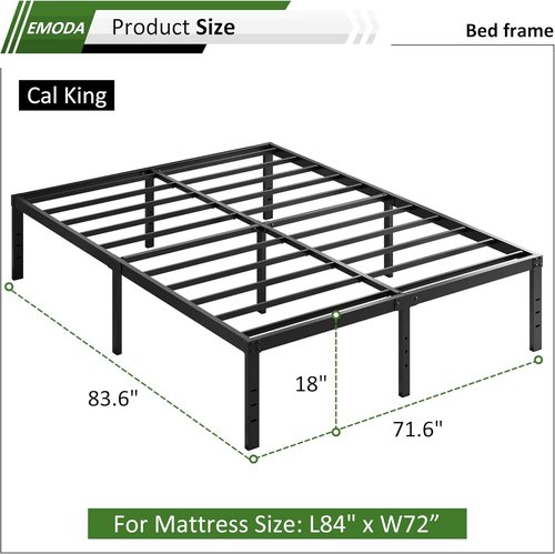 EMODA 18-Inch California King Bed Frame - Heavy Duty Metal Platform with Large Storage, Noise-Free, Black