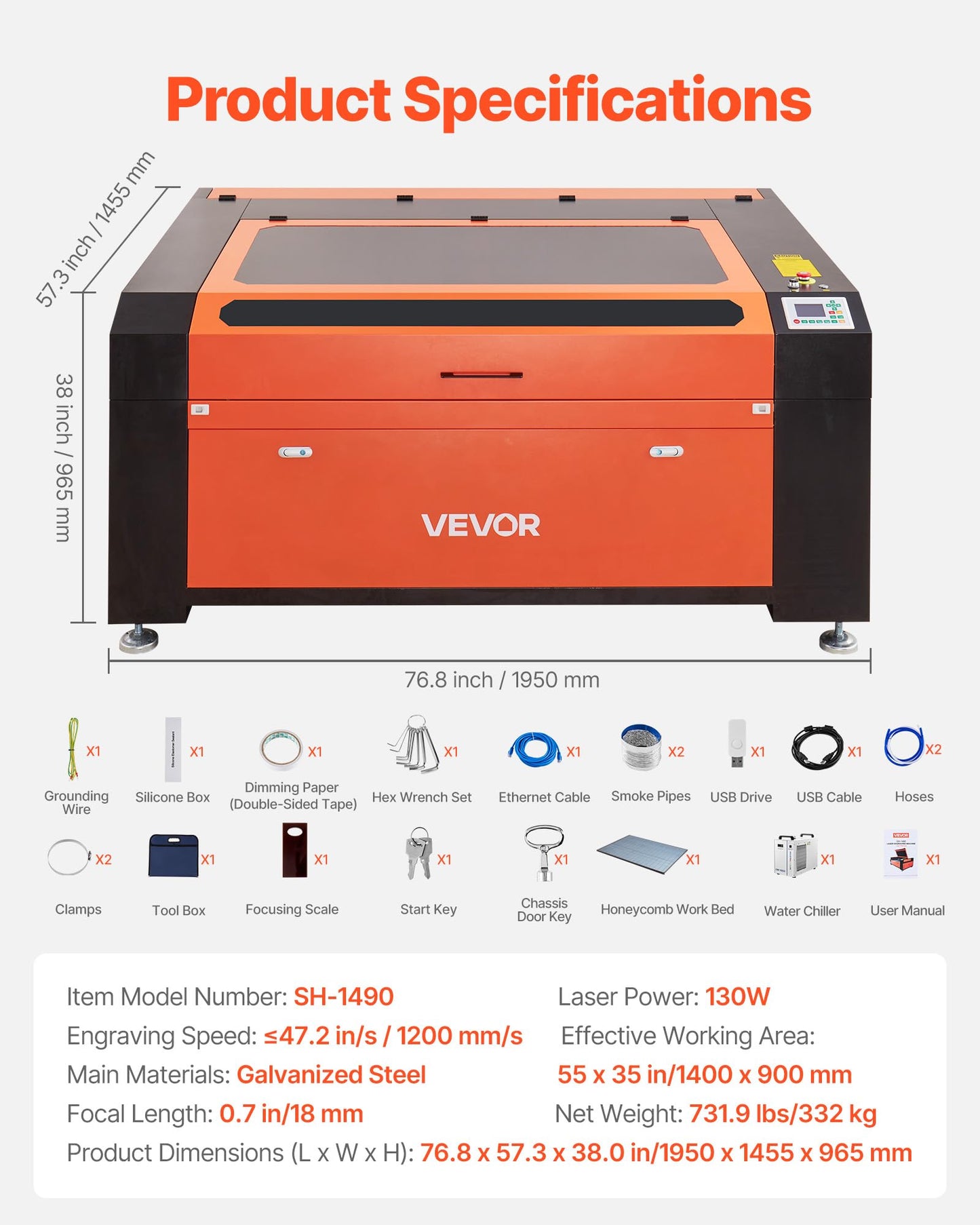 VEVOR 130W CO2 Laser Engraver, 55 x 35 in CO2 Laser Engraver Cutter Machine with Water Chiller 2 Way Pass Air Assist 1200 mm/s Speed, Autofocus Engraving Cutting Machine for Wood Acrylic Glass