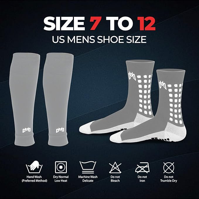 Soccer Grip Socks, Shin Guards, Pre Cut Sock Sleeves, and Guard Straps Bundle Pack - Essential Equipment for Soccer Players - for Mens, Women, Youth, Size 7 to 12 US Men Shoe Size
