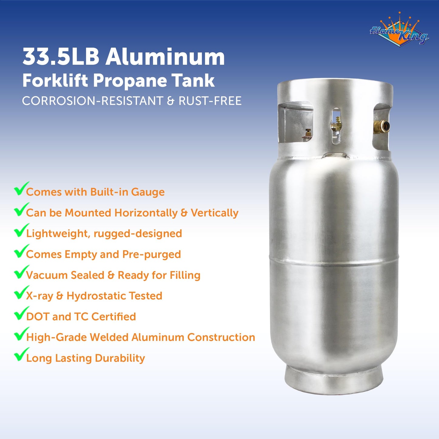Flame King 33.5lb Aluminum Forklift Propane Tank with Gauge, DOT and TC Compliant, Lightweight, Rugged-Designed