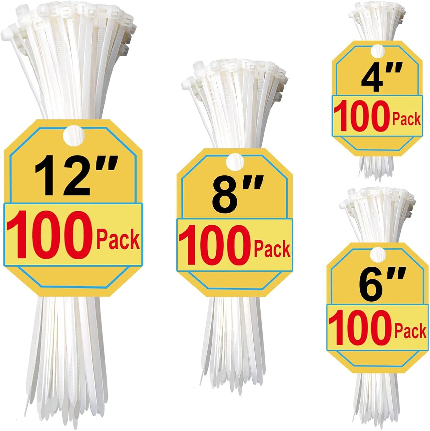 SiKuLin 4+6+8+12 Inch, 400 Pack, White Zip Ties Assorted Sizes Clear Zip Ties, White Cable Ties, Zipties Clear, UV