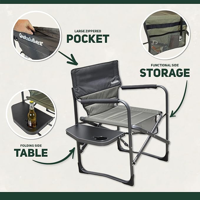 OUTSIDER Portable Directors Camping Chair, Lightweight Folding Aluminum Outdoor Chair with Side Table and Storage Pouch for Camping, Lawn, Sports and Fishing, Heavy Duty Supports 350lbs