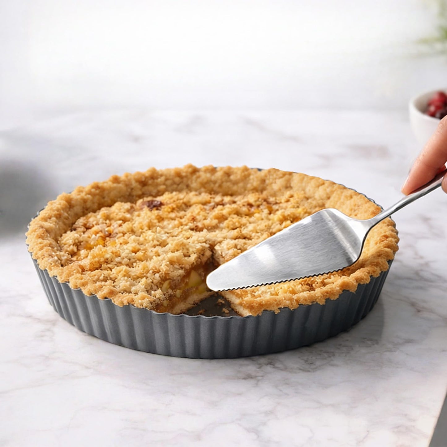 Yamteck 9.5*2.2 Inch Deep Tart Pan w/ Pie Cake Server. Removable Bottom, Non-Stick Coating, Rugged Carbon Steel for Tart Quiche Baking. Gift for Women Wife Christmas Thanksgiving Party Festival Family