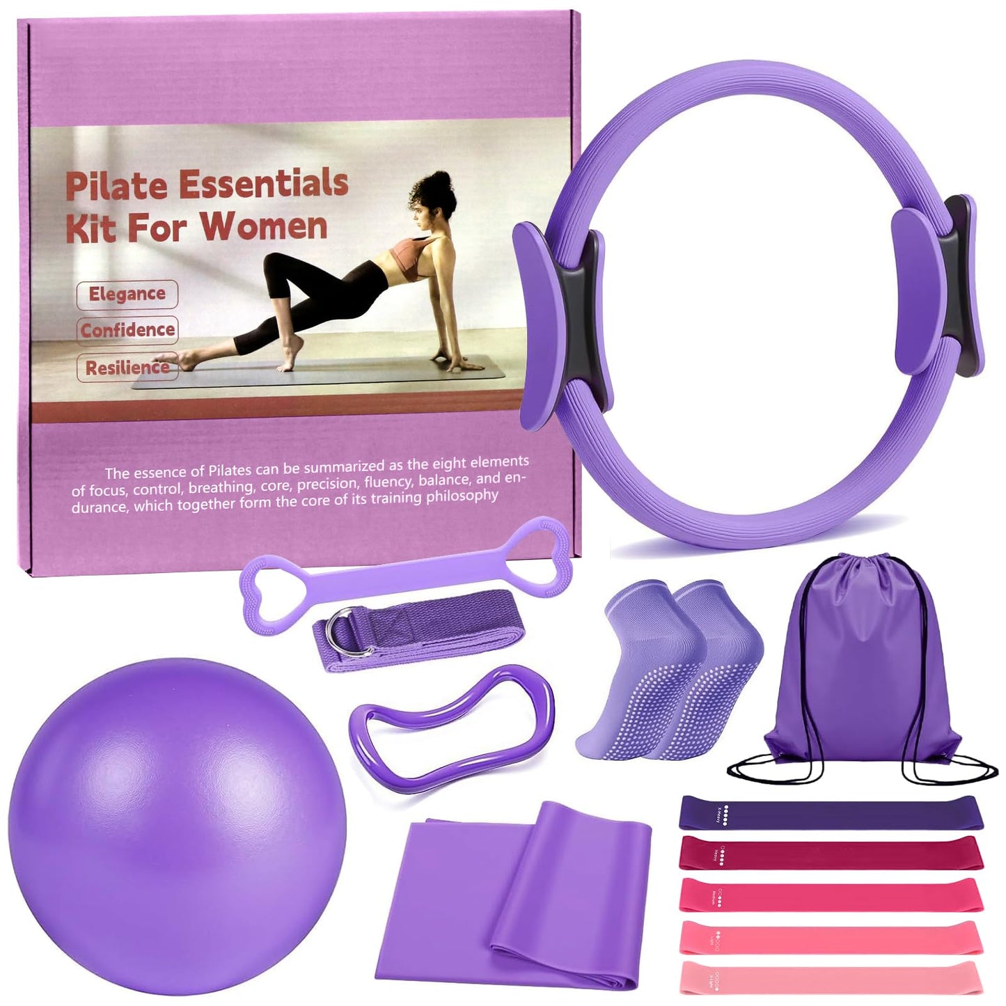 Karltion Pilates Ring 13 Piece Set,Pilates Kit for Women Exercise Equipment Accessories Deformation Magic Circle with Padded Handles, Workouts Ball, Guide & Bag, Resistance Bands for Legs Arms-Purple