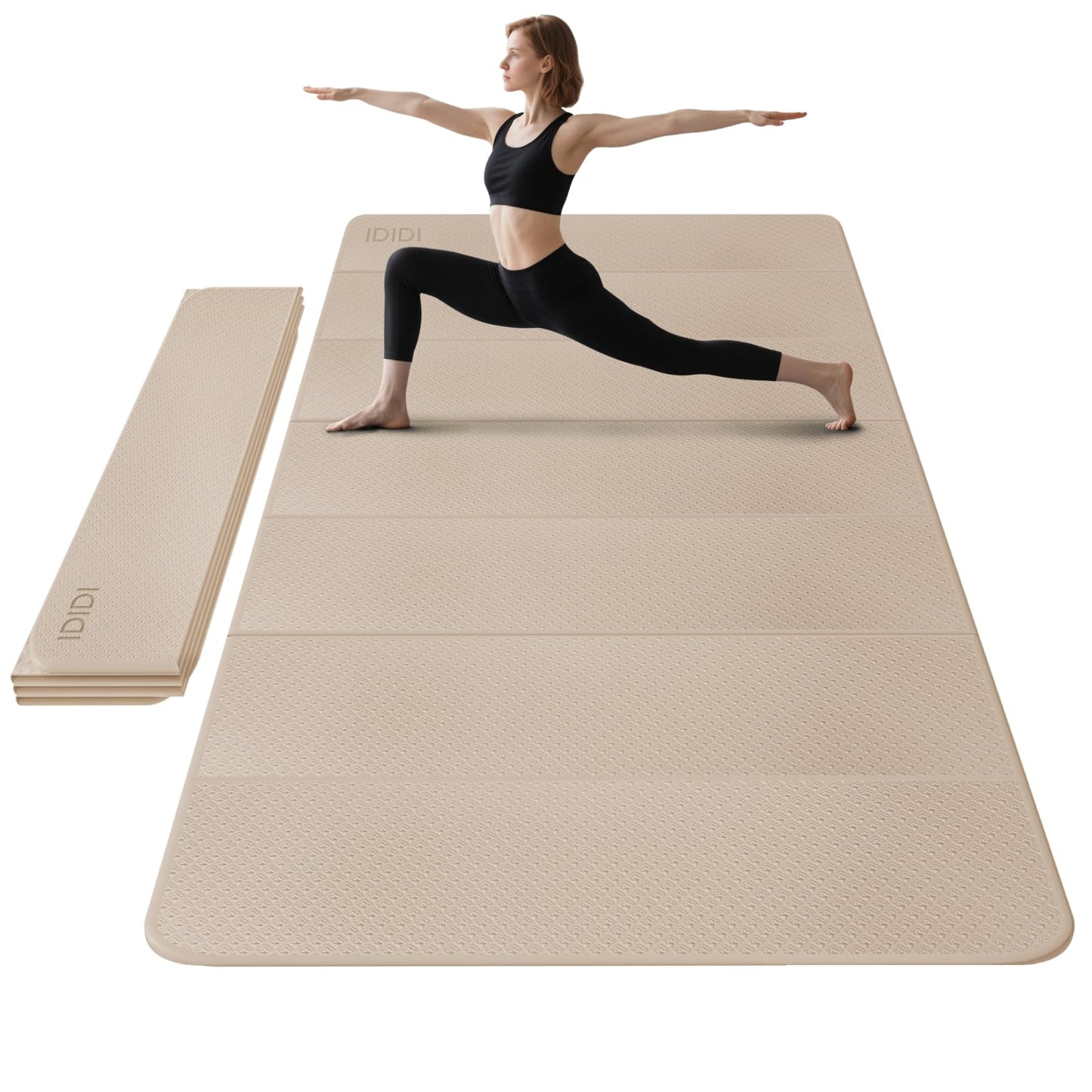 Foldable Yoga Mat Extra Thick & Large (74.0" x 47.2" x 0.4"), Double-Sided Non-Slip Lightweight Fitness & Pilates Mat, 10mm Thick Wide Exercise Mat for Men Women Kids, Portable Workout Mat for Gym, Studio, Travel, Home & Parent-Child Use (Beige)