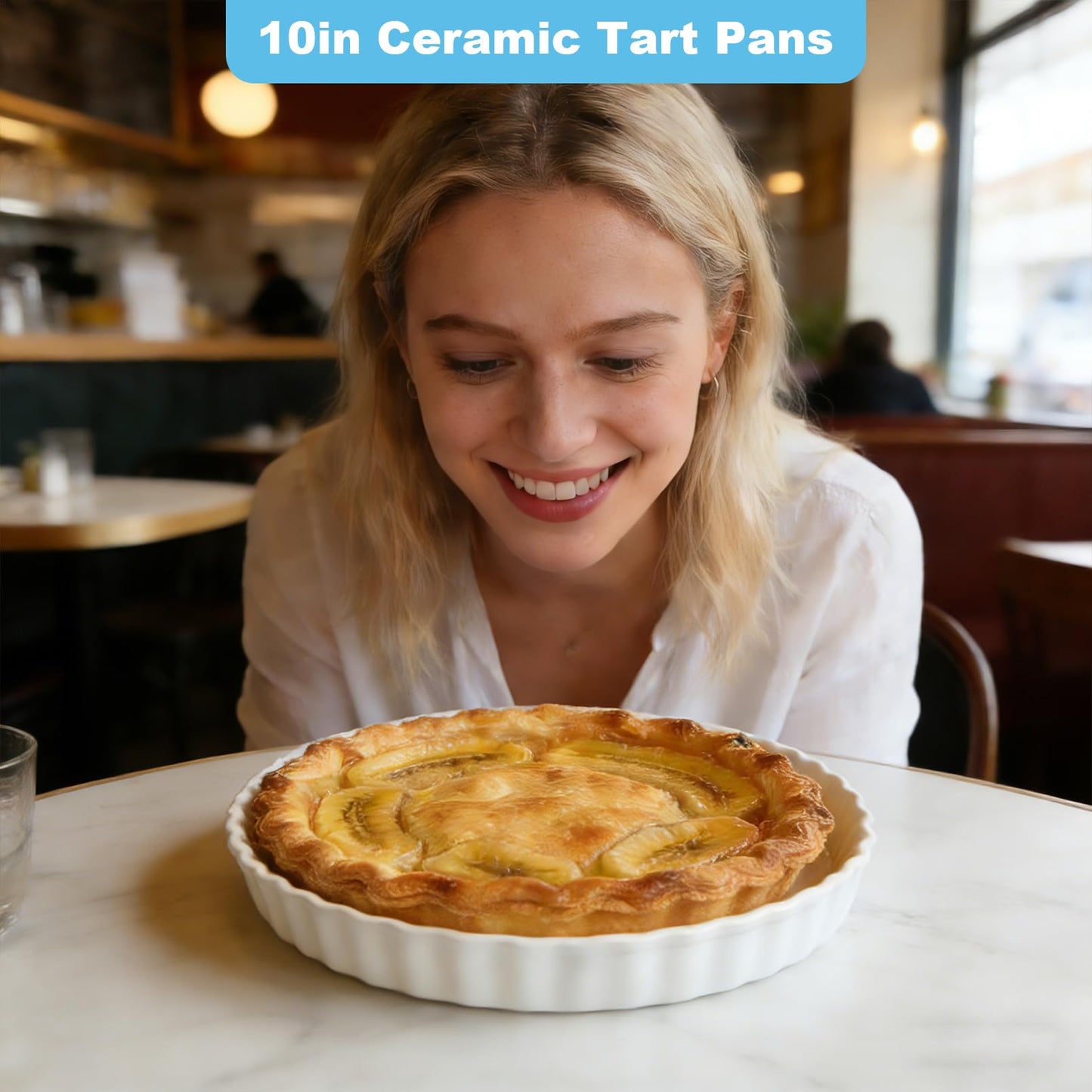 Enjamyo 10 Inches Ceramic Quiche Pans, 2 Pcs Round Pie Baking Dish, Non-Stick Round Pie Dish Quiche Pan, Fluted Edge Pie Pans for Baking Tart Pies, Apple, Quiche(White)