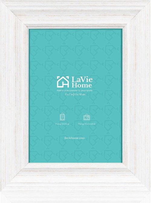 LaVie Home 5x7 Picture Frame - Rustic Distressed White Design with High Definition Glass for Wall & Table Display