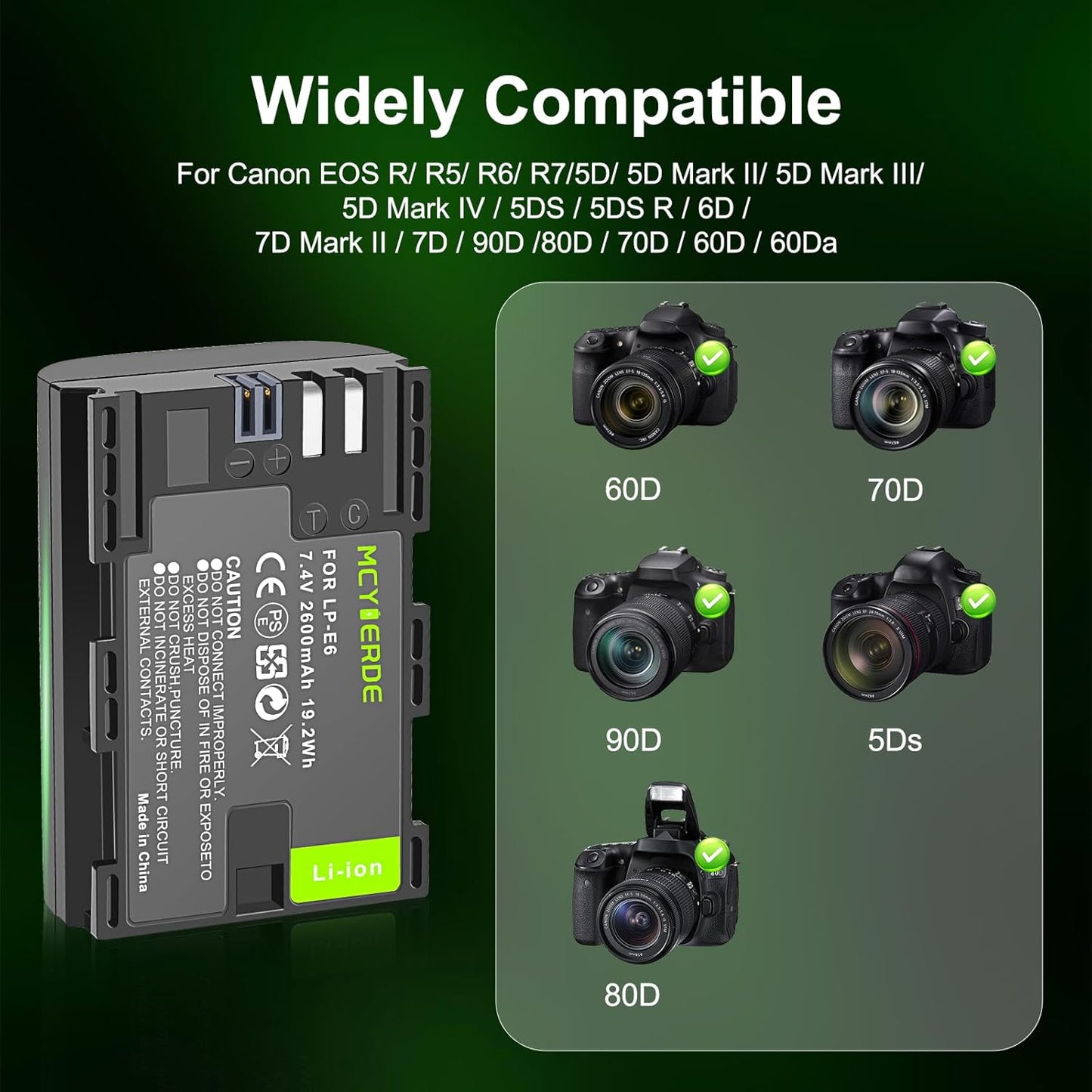 MCYIERDE 2-Pack LP-E6 LP-E6N 60D 70D 80D 90D 5D 5DS 6D R5 C700 XC10 XC15 Replacement Batteries Compatible with Canon