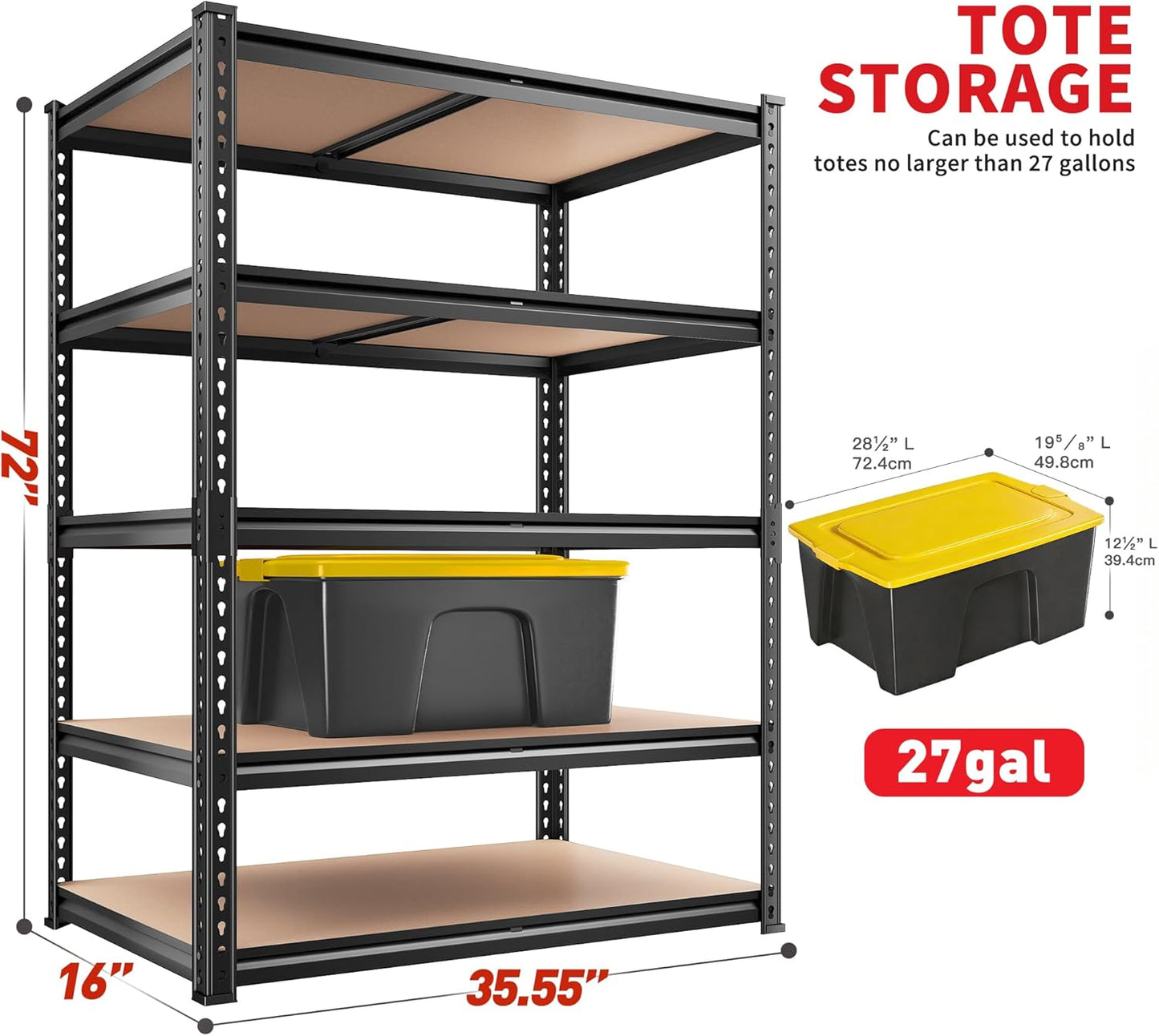 REIBII Heavy-Duty 5-Tier Storage Shelves - Adjustable Metal Shelving Unit for Garage, Basement, Pantry | 72" H x 35.55" W x 16" D, Black